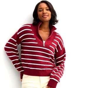 DRAPER JAMES Quarter Zip Sweater in Mariner Stripe. Maroon. Size XXL